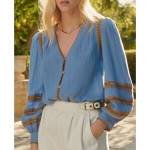 Wrap London Blouse Top Womens 12 Blue Linen Bohemian Coastal Western Country